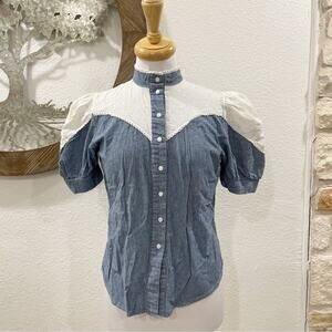Vintage Circle T Western Eyelet Puff Sleeve High Collar Blouse Blue White 9 10